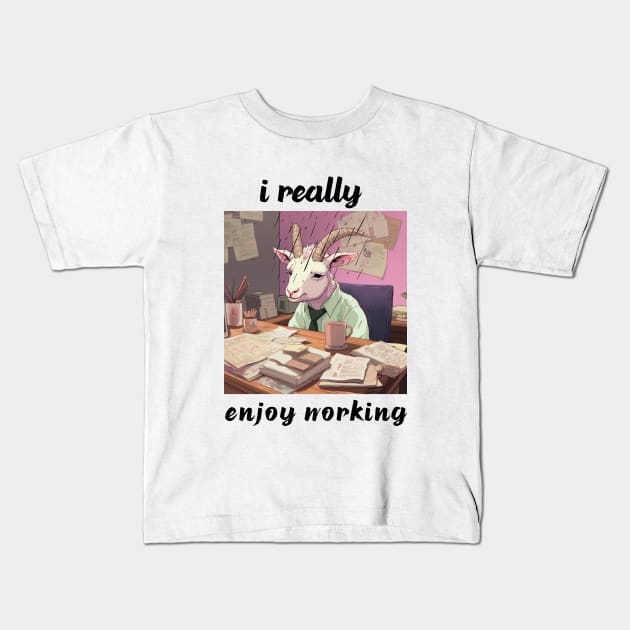 funny goat sitting at work enjoy working Kids T-Shirt by MilkyBerry